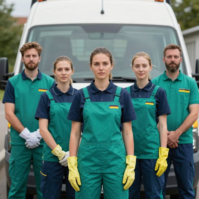 A team of professional cleaners in coordinated Sea Green and Dark Slate Blue uniforms standing proudly in front of a service vehicle in Germany.