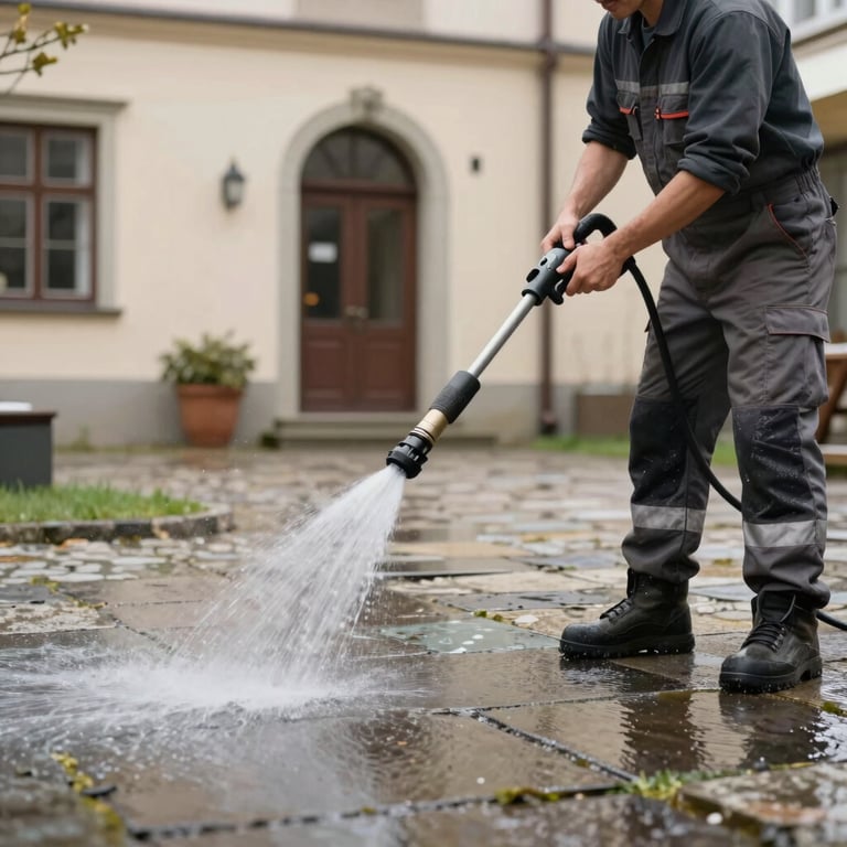 Professional worker using a pressure washer to clean a stone walkway in a Central European courtyard, crisp and detailed water spray.