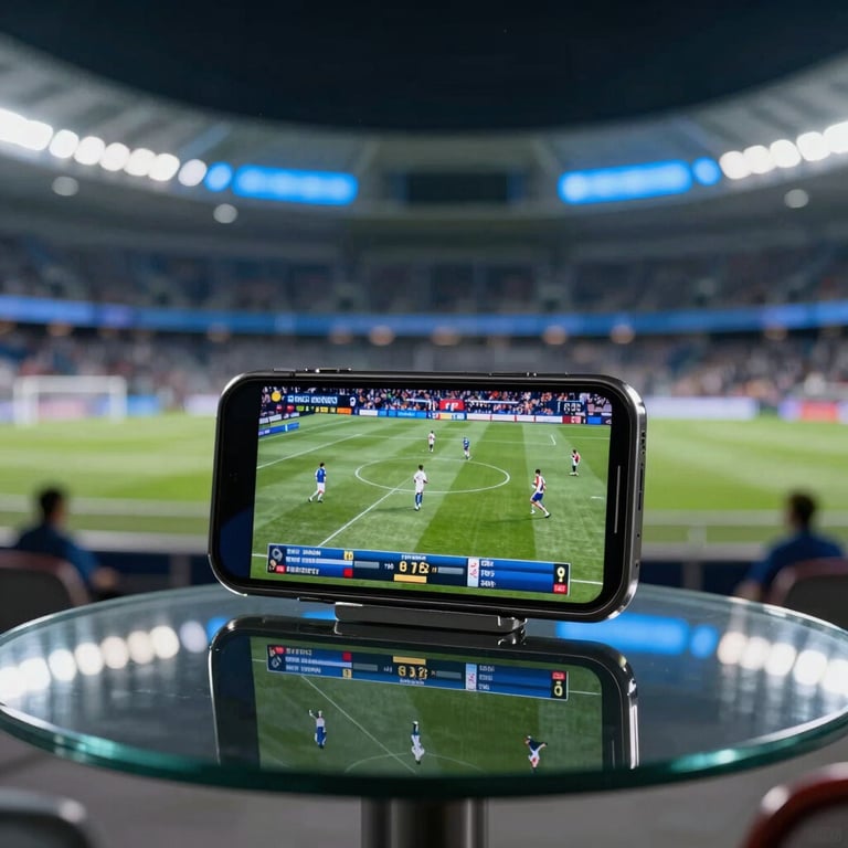 Smart phone displaying live sports scores, resting on a sleek glass table, luxurious stadium background, steel blue highlights.