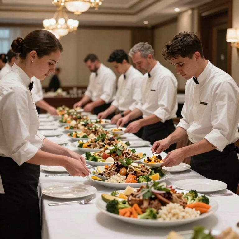 A team of professional catering staff in uniform preparing for a large-scale event in a sophisticated ballroom, International / Global.