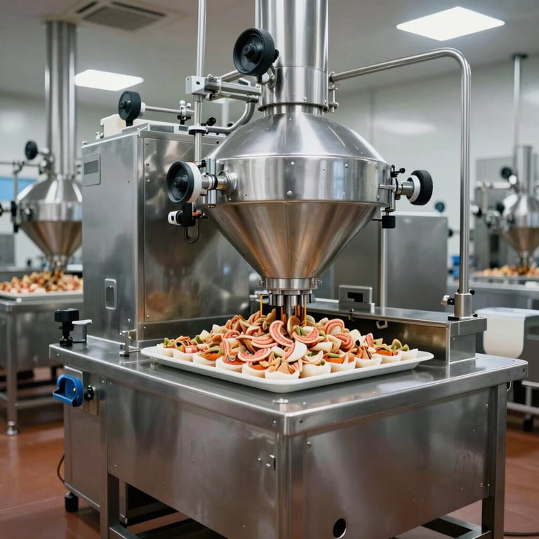 Operational efficiency in a clean, modern food processing facility with stainless steel equipment and organized workflow.