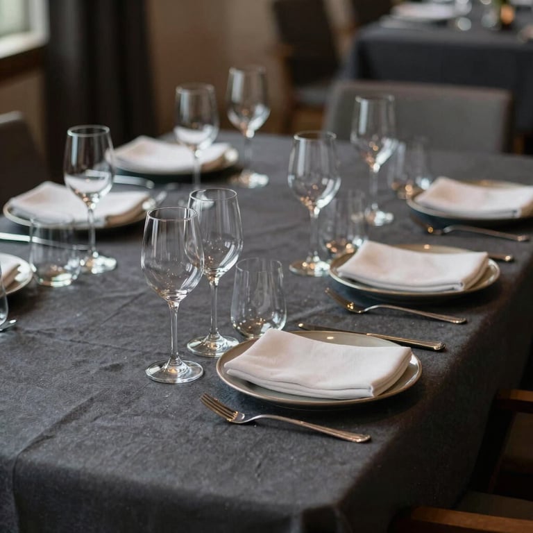 A sophisticated dining table set for a business lunch with elegant glassware and charcoal-colored linens, International / Global.