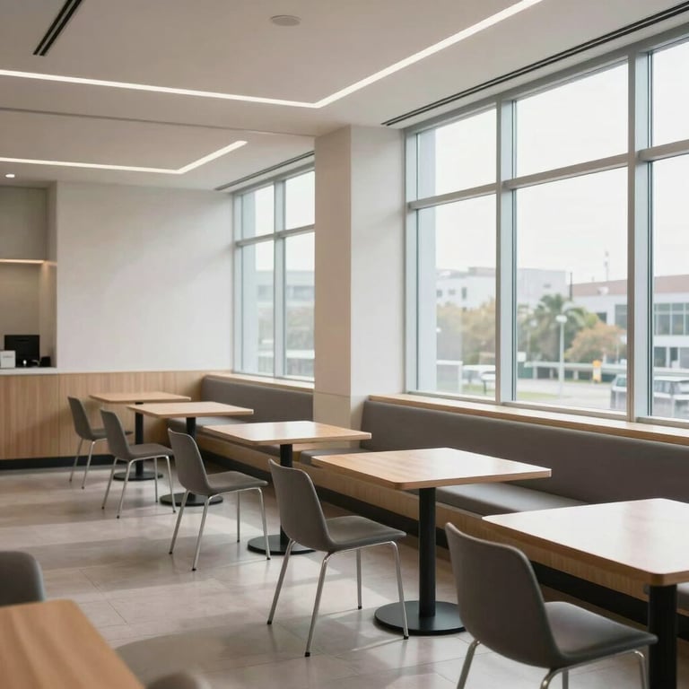Interior of a minimalist and professional corporate cafeteria with large windows and bright natural light, International / Global.