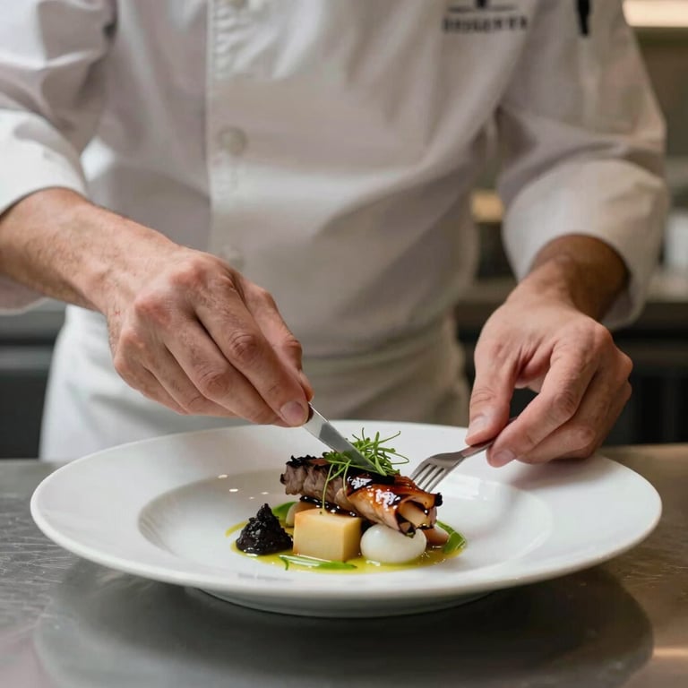 A close-up of a chef meticulously plating a modern dish in a high-end restaurant, soft focus background, International / Global.