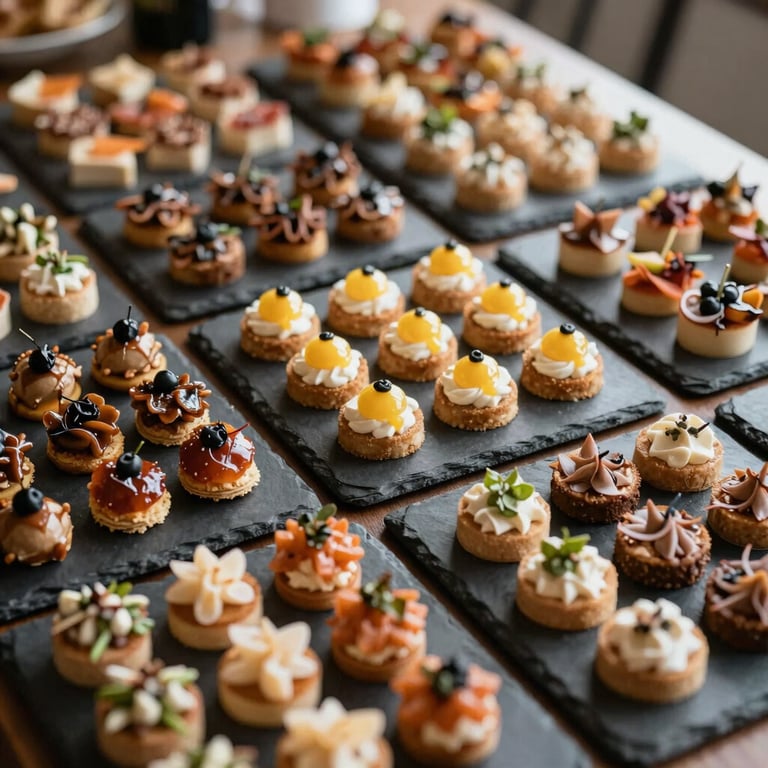 High-angle shot of a variety of gourmet appetizers beautifully arranged on slate platters for a catering event.