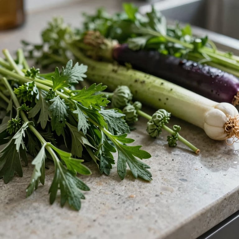 Close-up of fresh, premium culinary ingredients like herbs and vegetables on a stone kitchen surface, Bone and Silver tones.