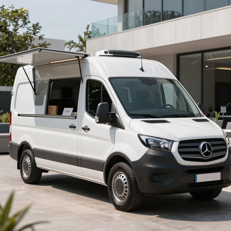 A sleek and professional mobile catering van parked at a clean, modern outdoor corporate event, International / Global.