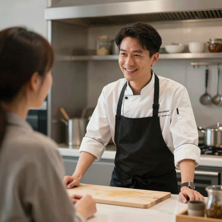 A chef interacting warmly with a guest in a modern, open-concept kitchen setting, conveying a customer-first approach.