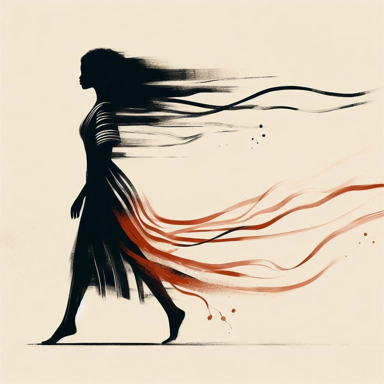 a woman walking down a street with a long flowing hair