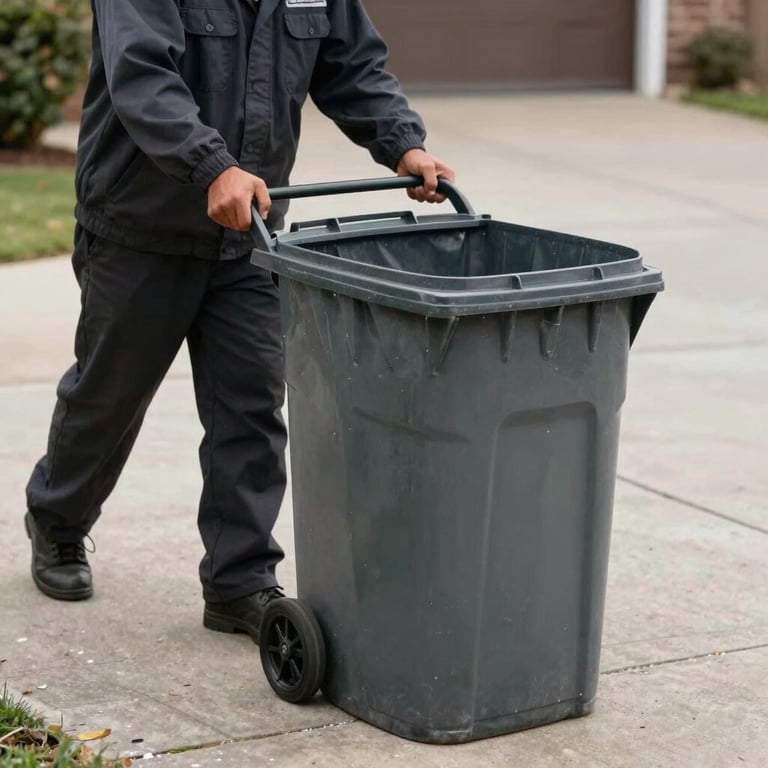 A worker in a neat dark uniform wheeling a clean trash bin up a concrete driveway, North American / US setting.