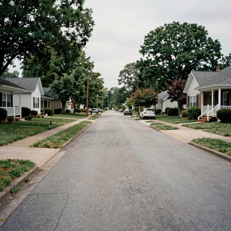 A quiet, upscale suburban street in Dayton Ohio, emphasizing safety, community, and cleanliness.