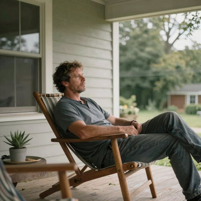 A homeowner relaxing on their front porch, enjoying a hassle-free morning.
