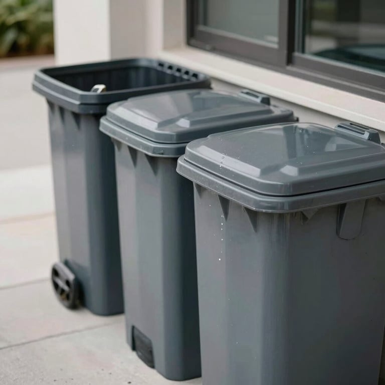 Close-up of sparkling clean, sanitized trash bins lined up outside a modern home.
