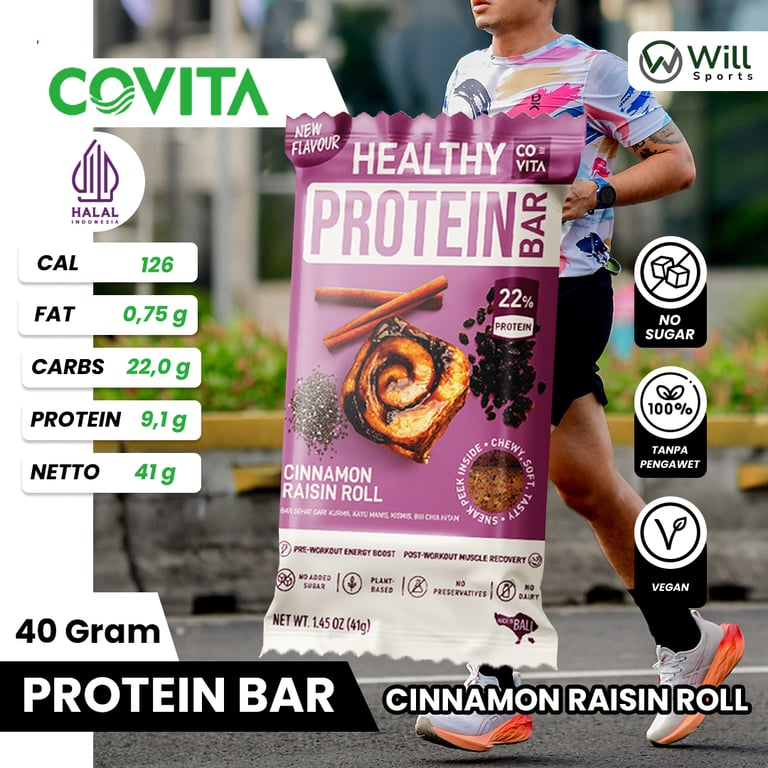 Vegan Cinnamon Raisin Roll protein bar with nutrition facts for post-workout muscle recovery.