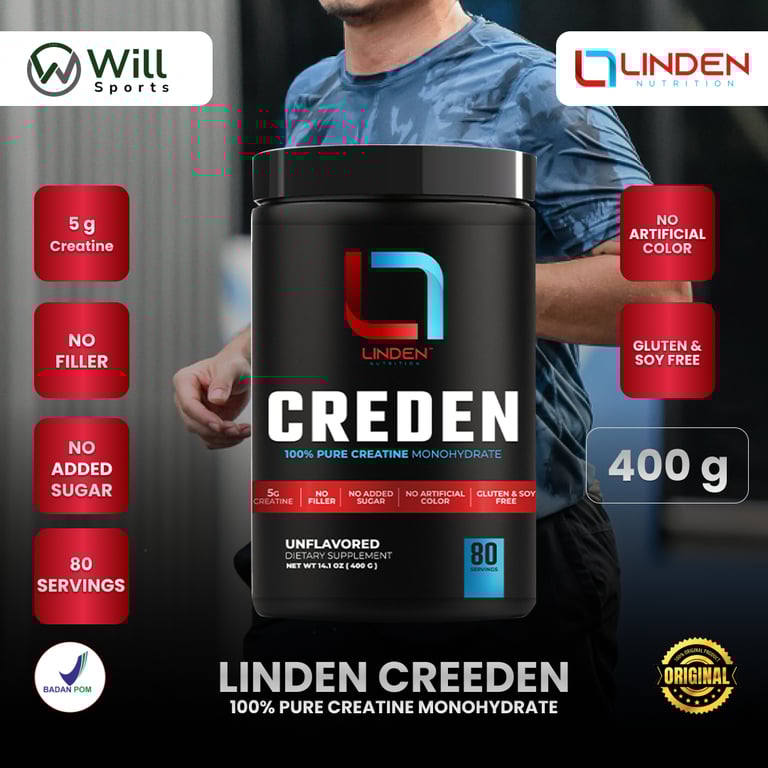 Linden Creeden 100% pure creatine monohydrate unflavored powder supplement in a 400g tub for muscle building.
