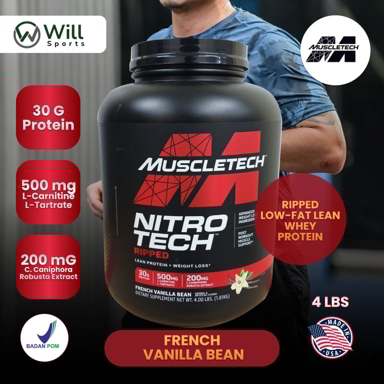 MuscleTech Nitro-Tech Ripped french vanilla bean whey protein powder for weight loss and muscle support.