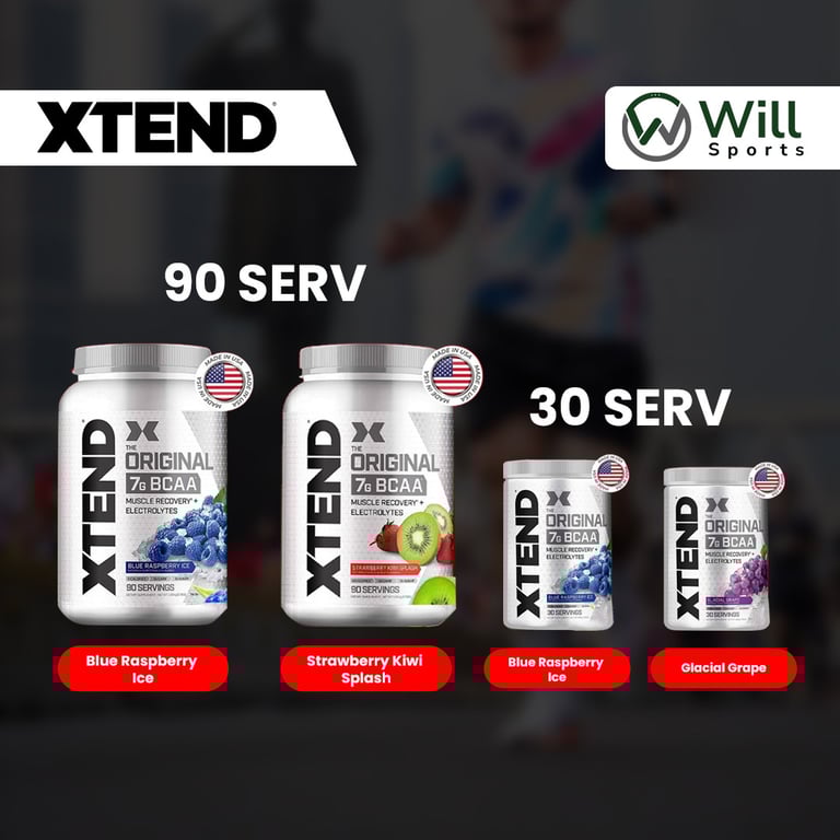 Xtend Original BCAA powder tubs in 90 and 30 servings for muscle recovery and electrolytes.