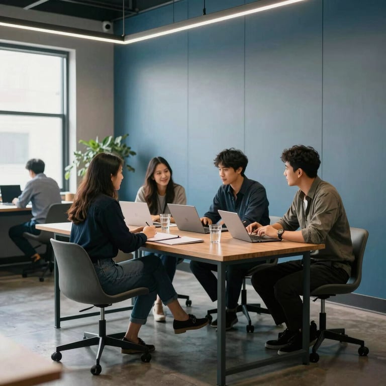 A team of professionals collaborating in a bright North American / US co-working space with muted steel blue decor.