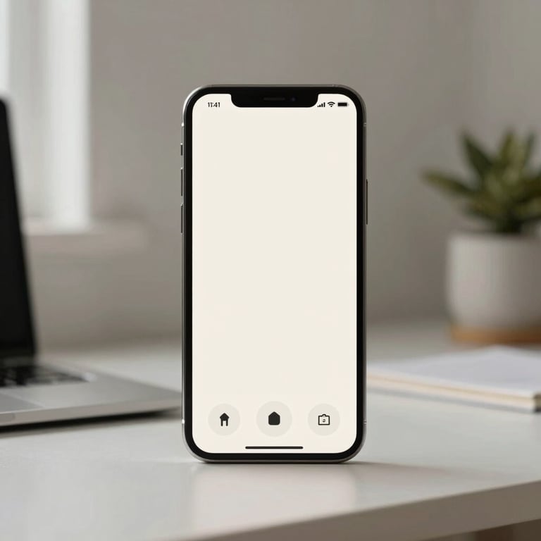 Clean, minimalist home office in a North American / US residence with a smartphone displaying a soft off-white dashboard.