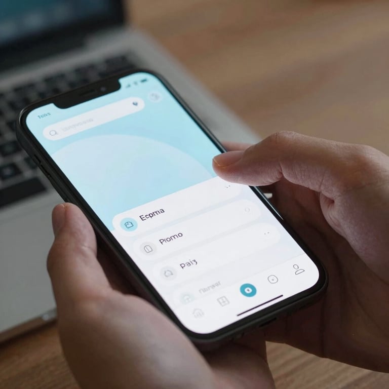 A close-up of hands interacting with a fluid mobile app interface in a North American / US tech hub, featuring light sky blue highlights.