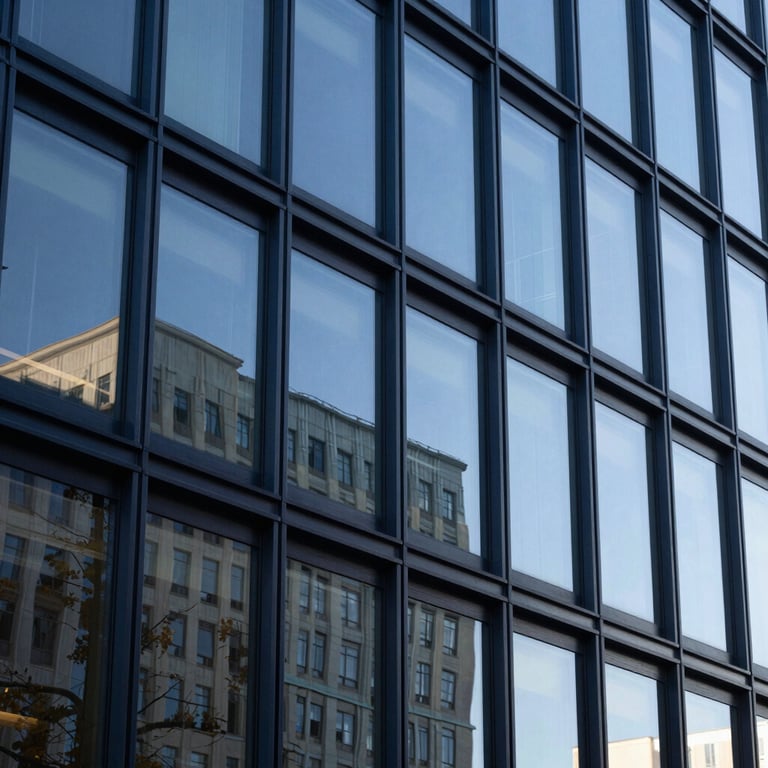 Modern architectural detail of a North American / US tech headquarters with glass reflections and dark navy blue elements.