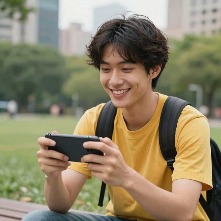 A person smiling while using a mobile game in a North American / US urban park setting, vibrant and cheerful mood.