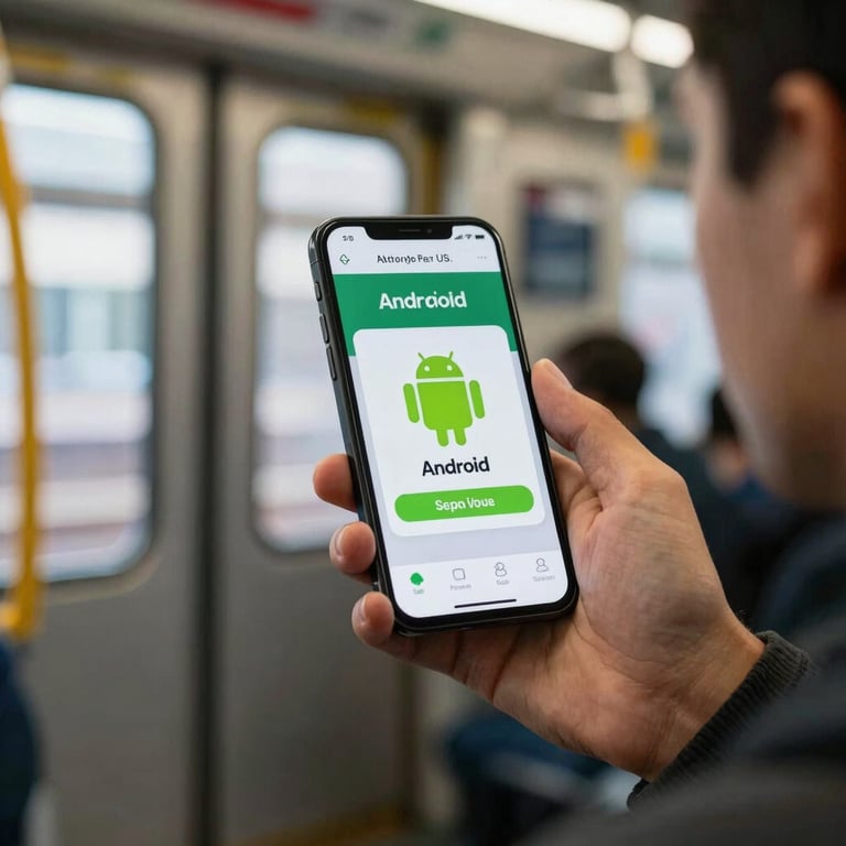 A person using a functional Android app while commuting on a North American / US city train in soft morning light.