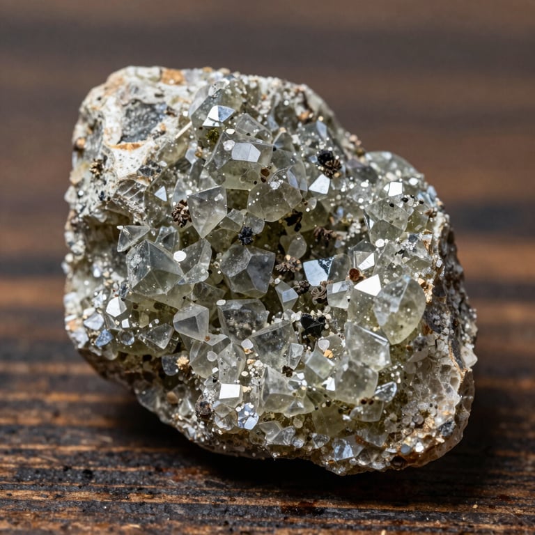 Macro shot of raw gray-olive zeolite mineral granules resting on a dark rustic wooden surface, sharp focus on crystalline geological textures, bright natural daylight.