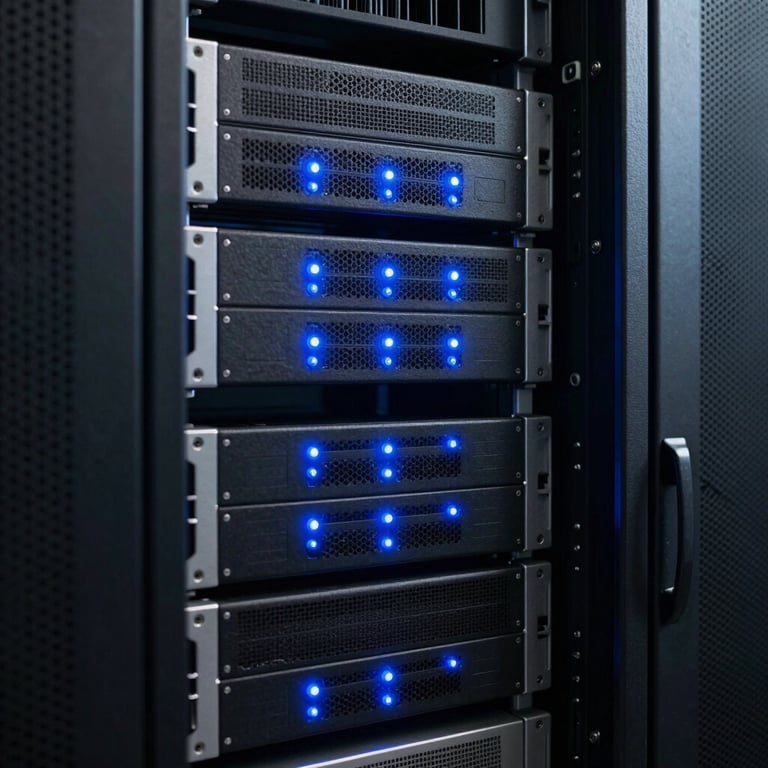 A detailed shot of a server room with blue indicator lights, representing technology consulting and infrastructure.