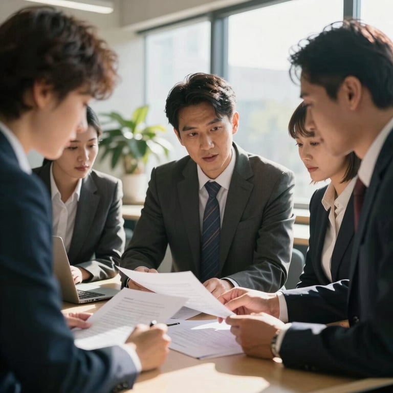 A diverse team of professionals in business attire collaborating over documents in a sunlit workspace.