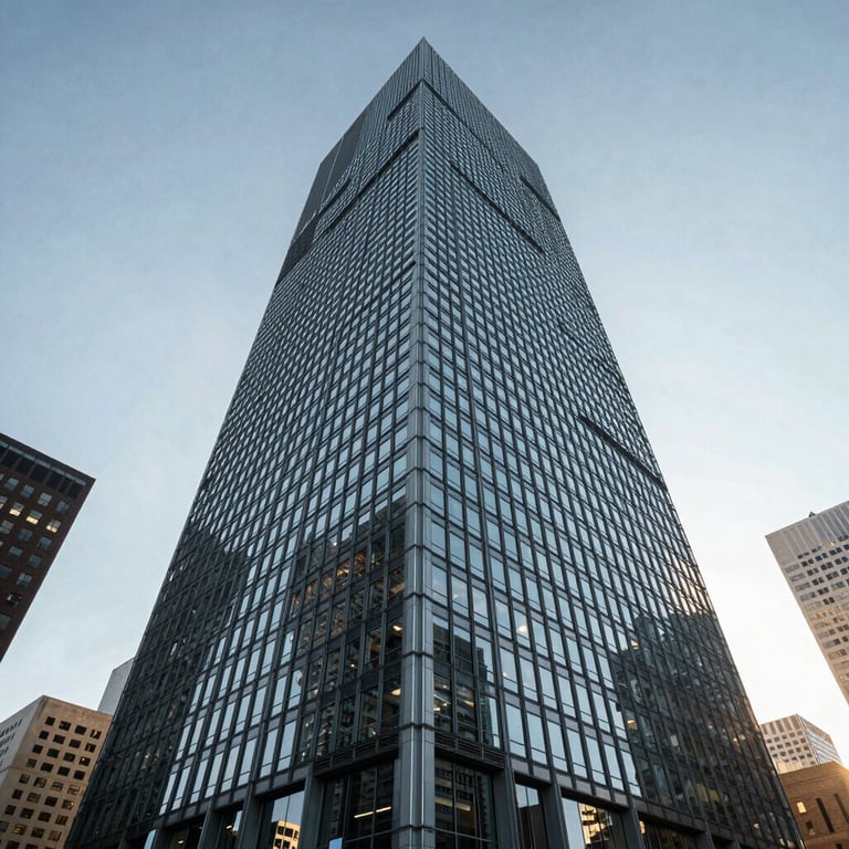 A low-angle shot of a modern glass skyscraper in a North American business district under a clear sky.