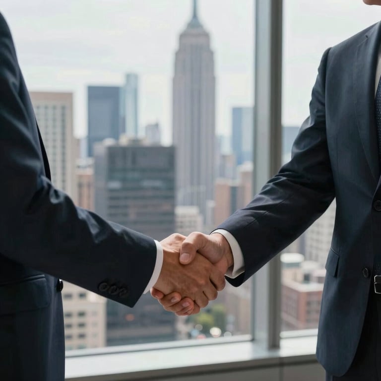 Two professionals shaking hands in a high-rise office with a view of a US city skyline.