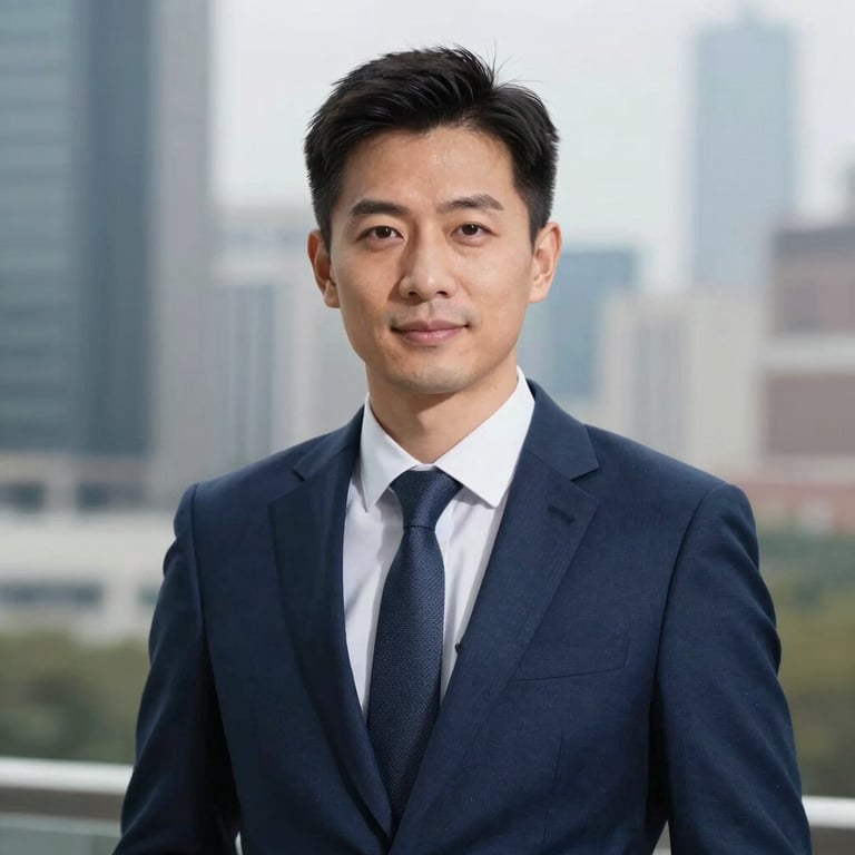 A clean, professional headshot of a business consultant in a navy blue suit against a blurred city backdrop.