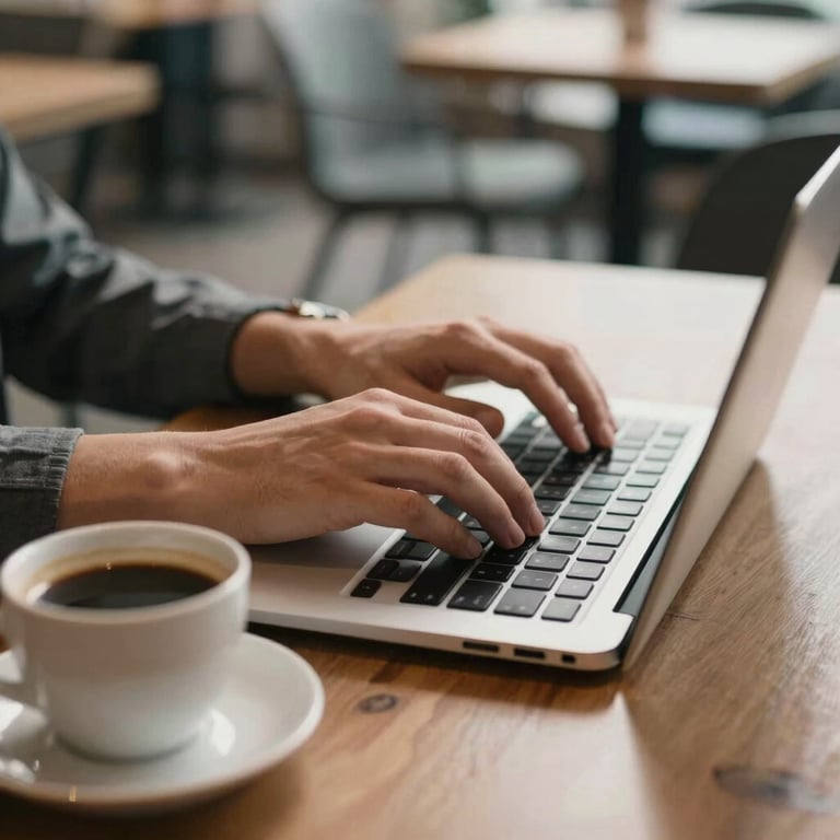 A close-up of hands typing on a laptop next to a cup of coffee on a wooden desk in a modern co-working space.