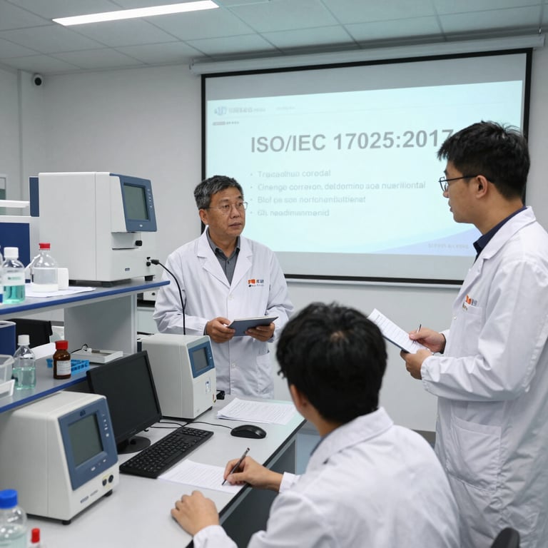 Laboratory researchers discuss ISO IEC 17025 certification during a scientific training session.