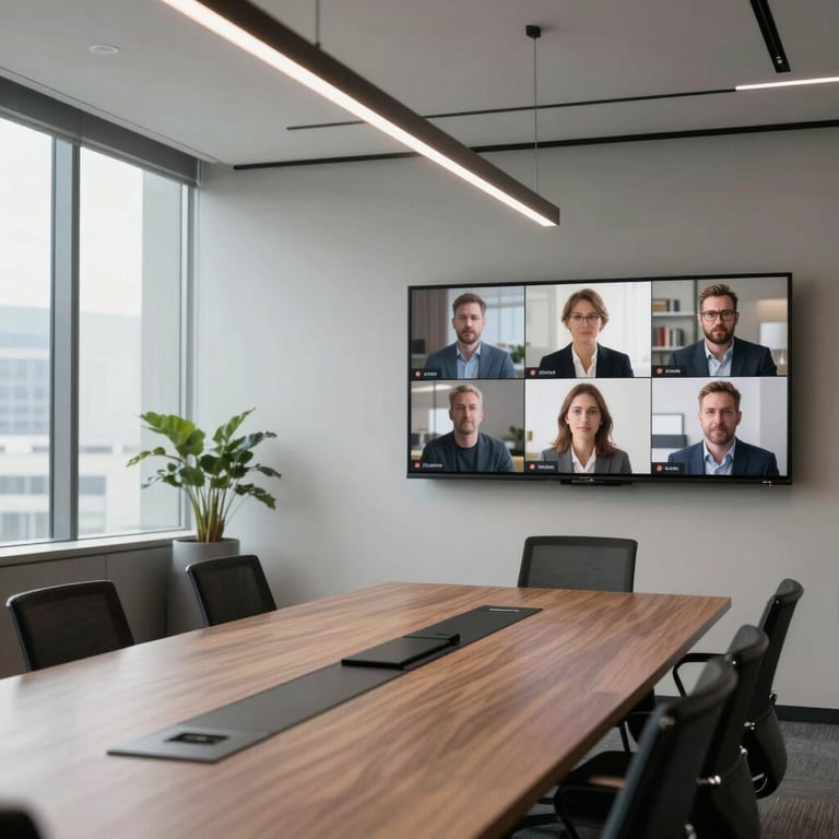 A modern, minimalist conference room in a US office building with integrated teleconferencing technology and professional decor.