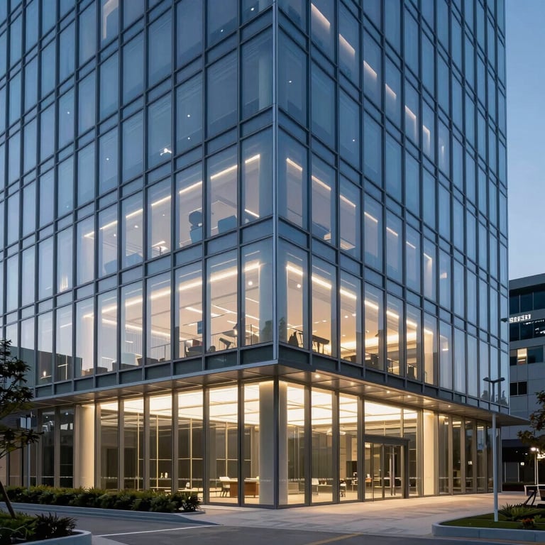 A sleek, modern glass building exterior in a North American technology hub at dusk, with soft light blue illumination from the interior.