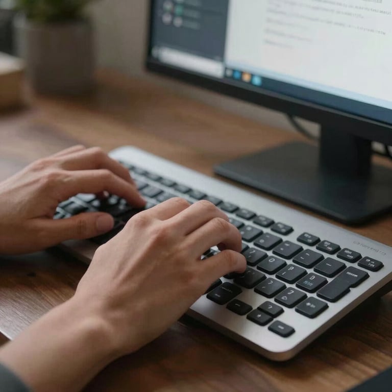 Close-up of hands typing on a modern, ergonomic keyboard with a high-resolution display in the background showing clean software interfaces.