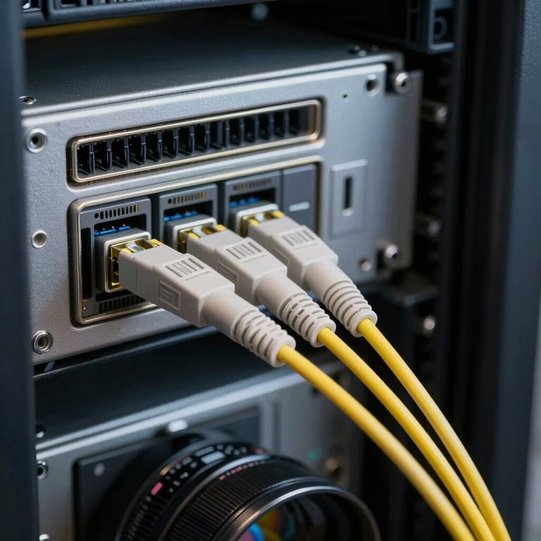 Detail shot of a fiber optic cable connection in a clean server rack, highlighting high-speed data transmission and sophisticated tech infrastructure.