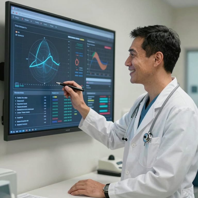 A clinician in a North American healthcare setting smiling while reviewing medical analytics on a wall-mounted digital display.