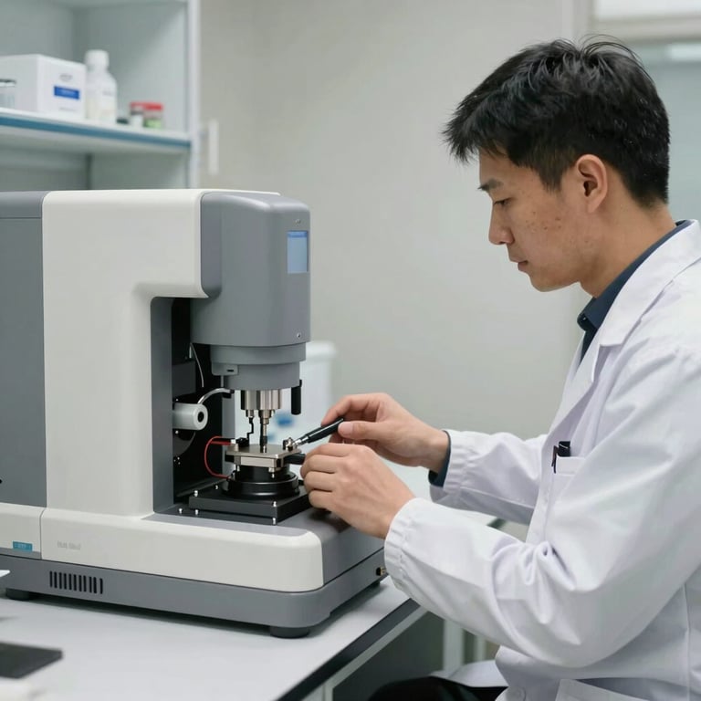 Detailed shot of a laboratory technician interacting with a high-precision medical automation system in a clean slate gray and off-white room.