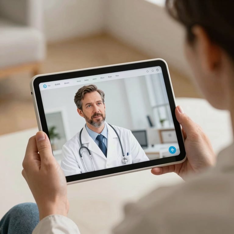 A North American patient using a modern, user-friendly telemedicine tablet with a clean off-white interface to speak with a physician.