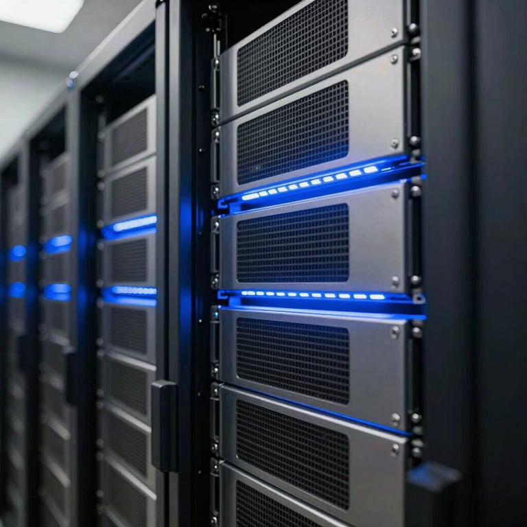 Close-up of high-speed data servers in a secure North American facility, illuminated by cool steel blue LED lights reflecting off charcoal metal.
