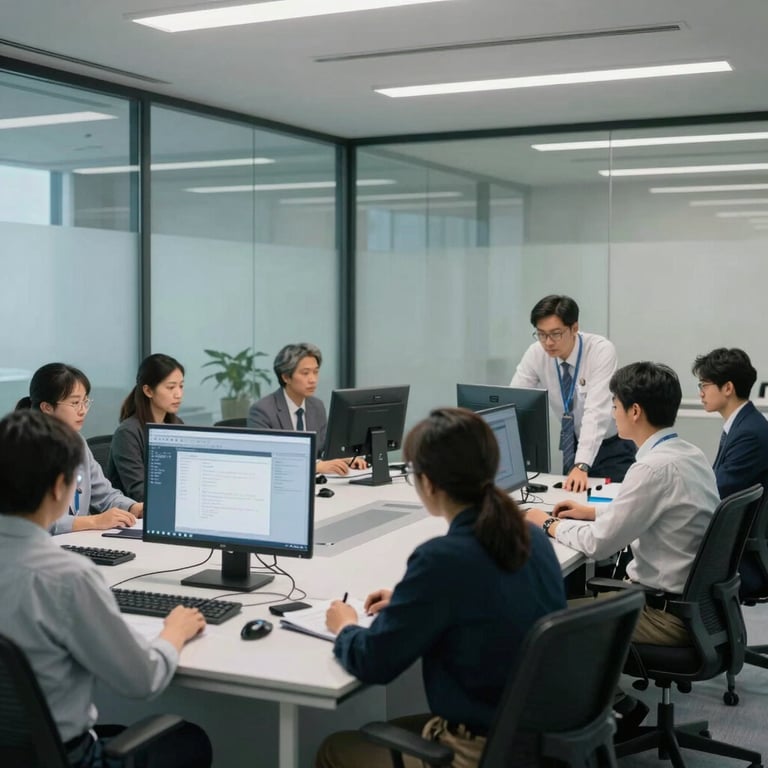 A wide shot of a modern glass-walled medical board room in the US where professionals are using advanced collaborative workflow software.