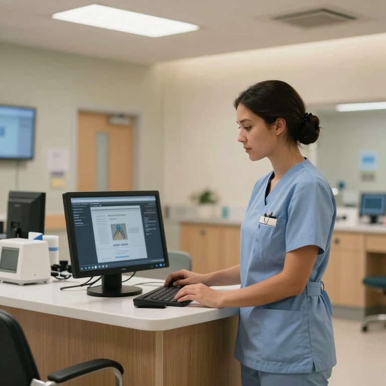 Photography of an elegant, modern North American hospital nurse station featuring integrated digital monitors and ergonomic design.