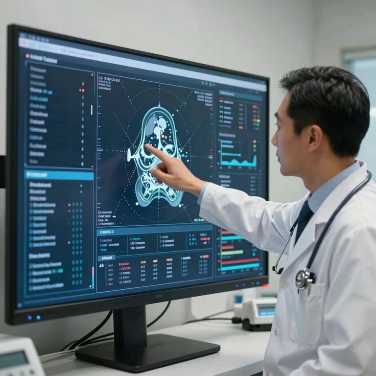 Professional photography of a doctor in the US pointing at a sophisticated medical data visualization on a large wall-mounted monitor.