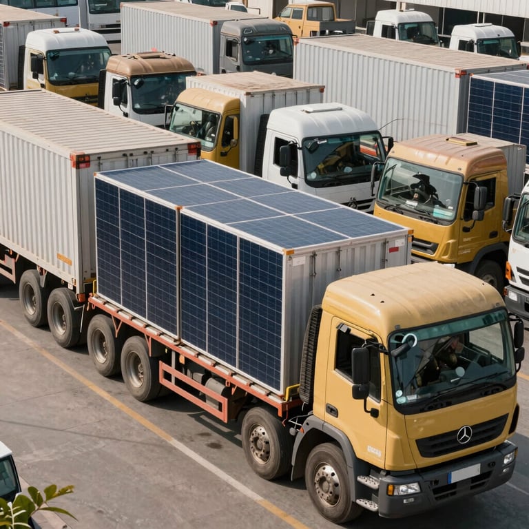 A fleet of logistics trucks being loaded with solar panel crates at a South Asian / Indian distribution hub.
