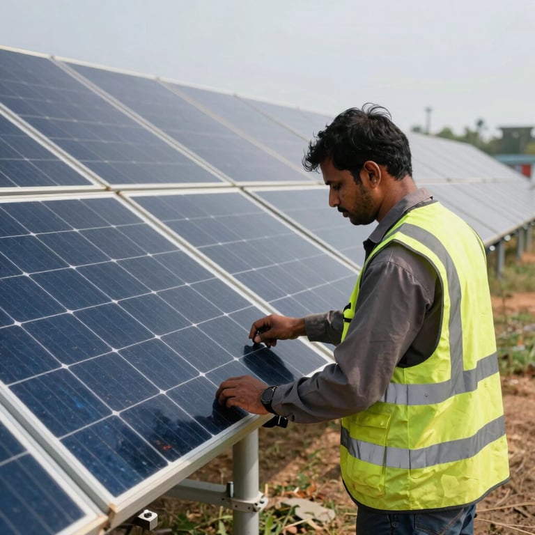 A technician in a safety vest supervising a large-scale solar installation project in a South Asian / Indian landscape.
