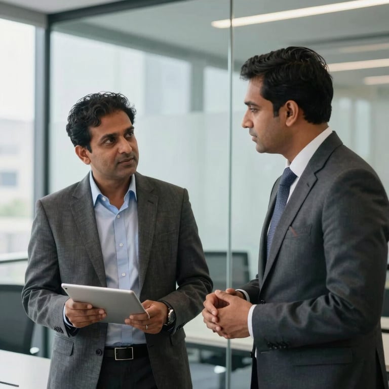 Two South Asian / Indian corporate professionals in a modern glass boardroom discussing clean energy expansion strategies.