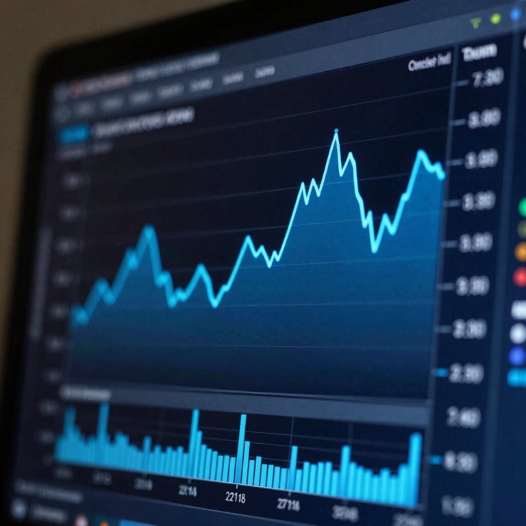 Visão macro em ângulo inclinado de uma tela de analytics com gráficos de conversão em linhas azul elétrico brilhantes sobre fundo escuro, profundidade de campo curta.